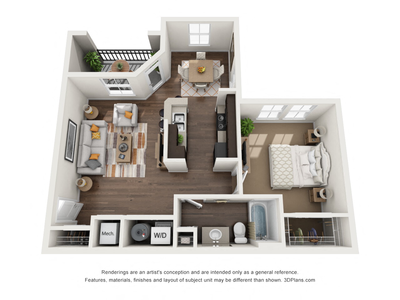 Floor plan for 1 bed, 1 bath, 753 sqft
